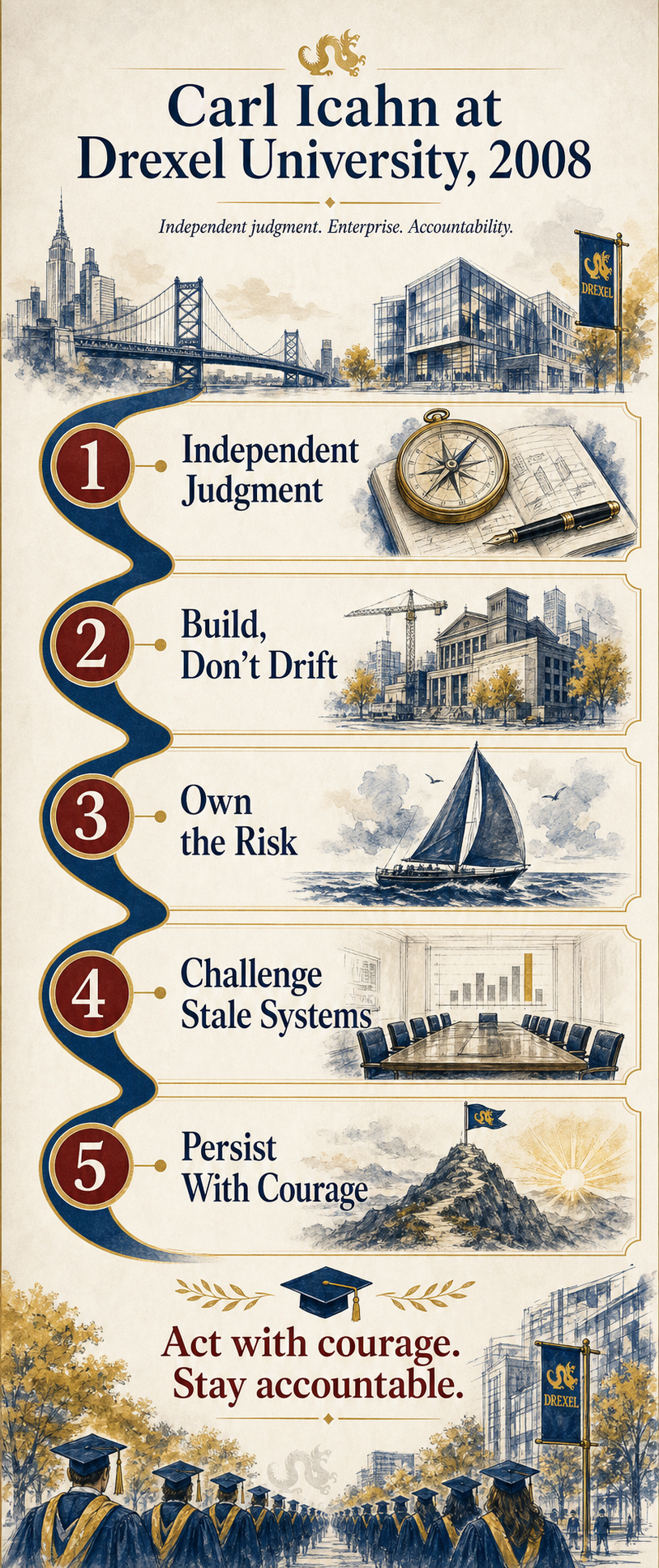 Carl Icahn at Drexel, 2008. A commencement address about corporate accountability, dysfunctional boards, competitive pressure, management failure, and refusing the comfortable CEO mold.