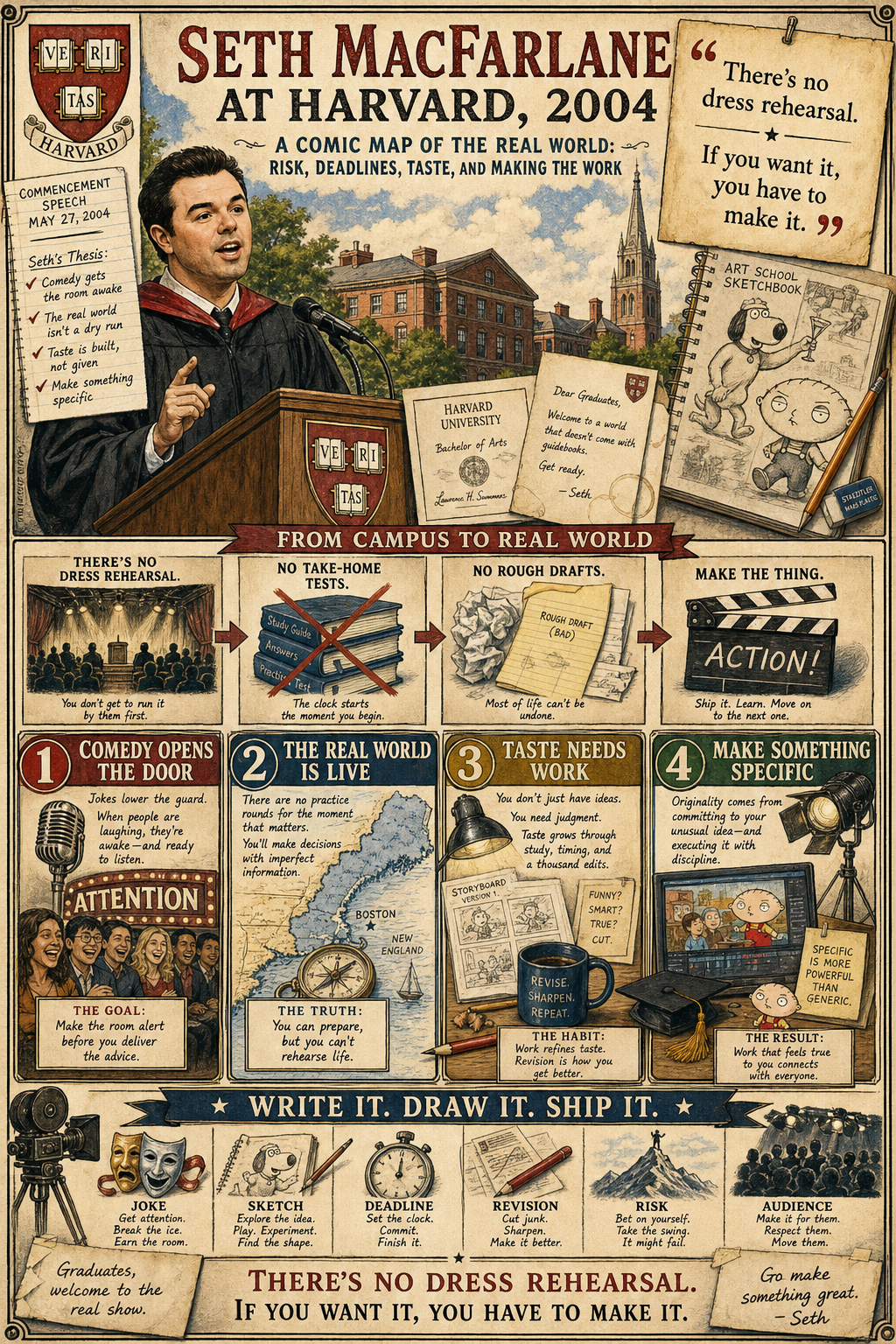 Seth MacFarlane at Harvard, 2004. A Harvard address about comedy, the real world, creative risk, revision, timing, and making specific work for an audience.