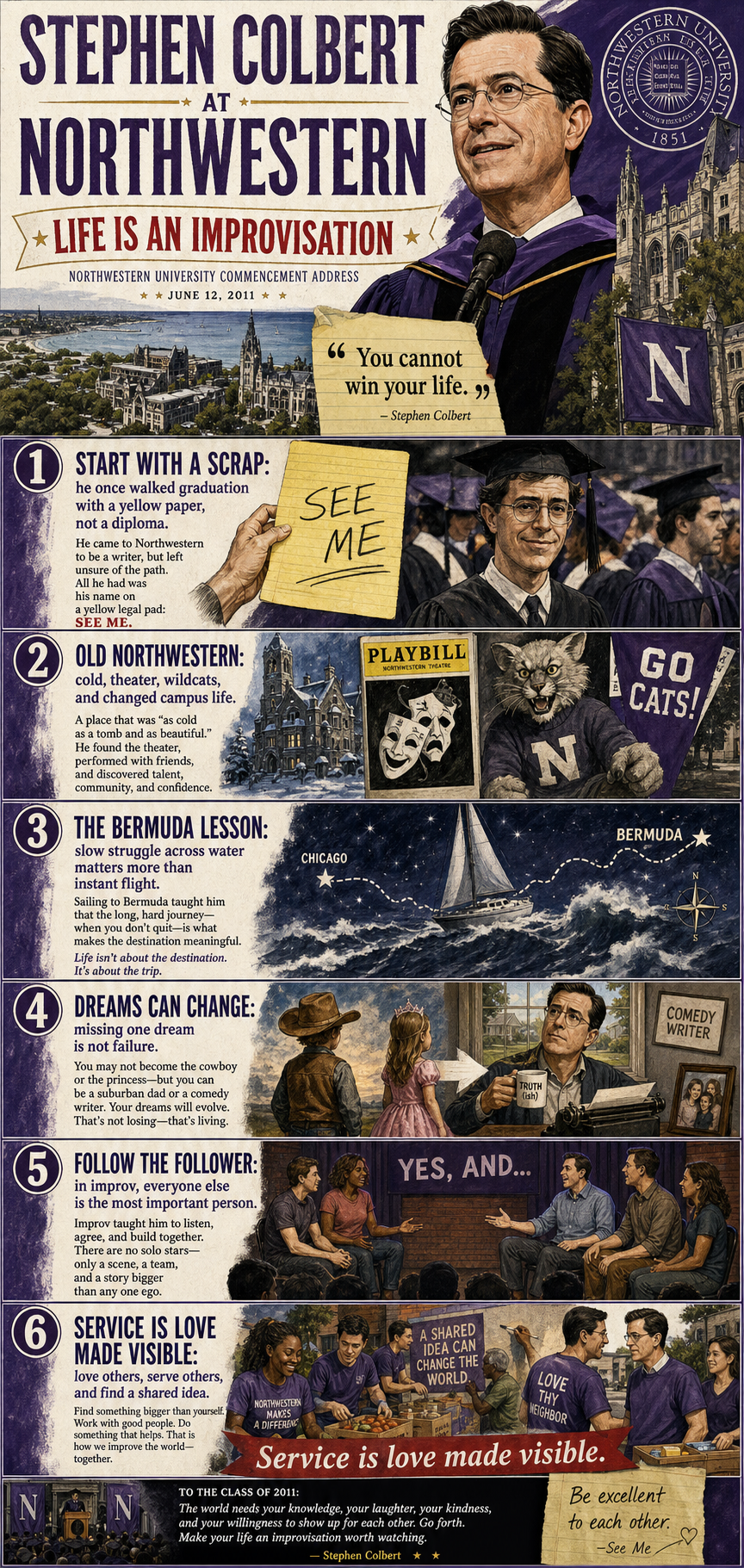 Stephen Colbert at Northwestern, 2011. A Northwestern University address about changed dreams, slow journeys, improvisation, service, love, and the freedom that comes from not trying to win life.