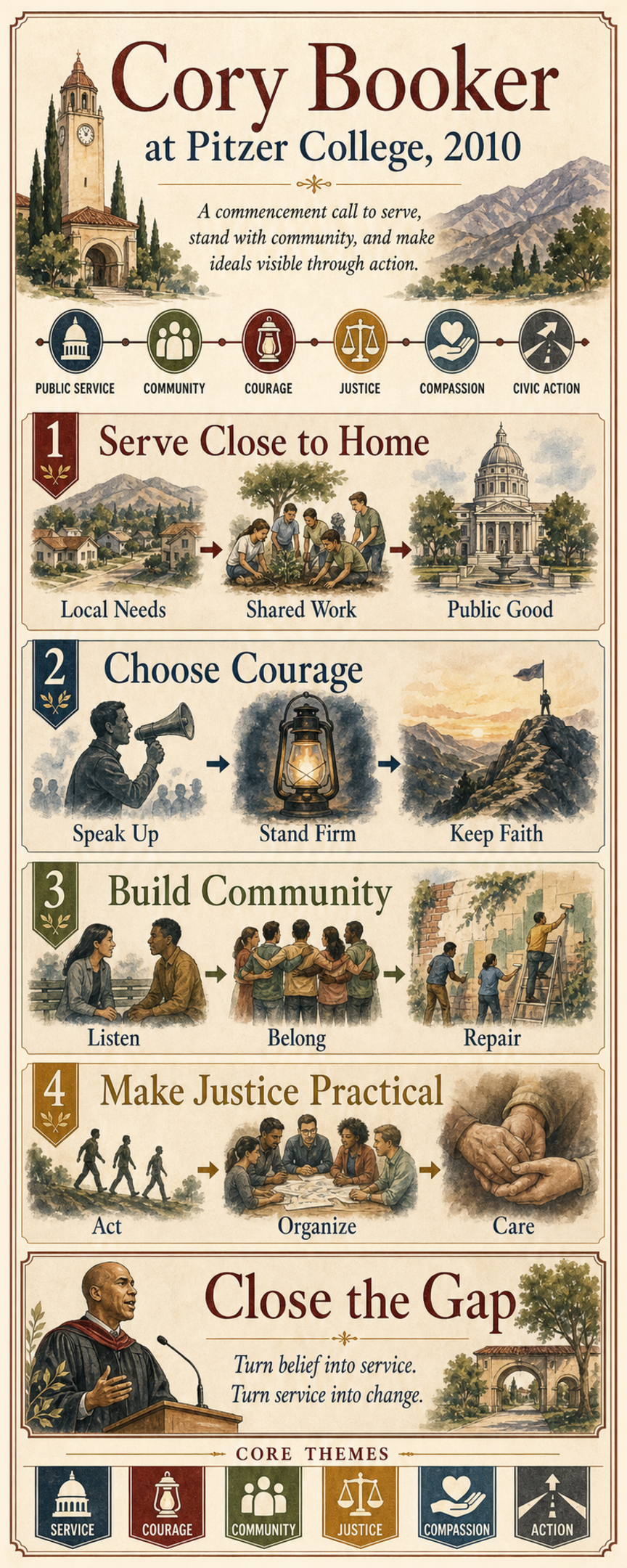 Cory Booker at Pitzer, 2010. A commencement address by Newark mayor Cory Booker, mapped through service, civic courage, community, moral urgency, and the responsibility to close the gap between ideals and action.