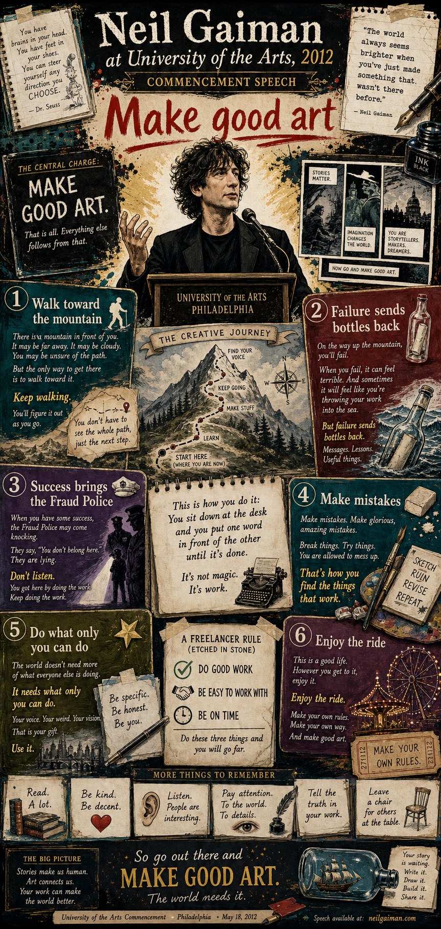 Neil Gaiman at University of the Arts, 2012. A creative-life address about making your own rules, walking toward the mountain, surviving failure and success, and making good art.