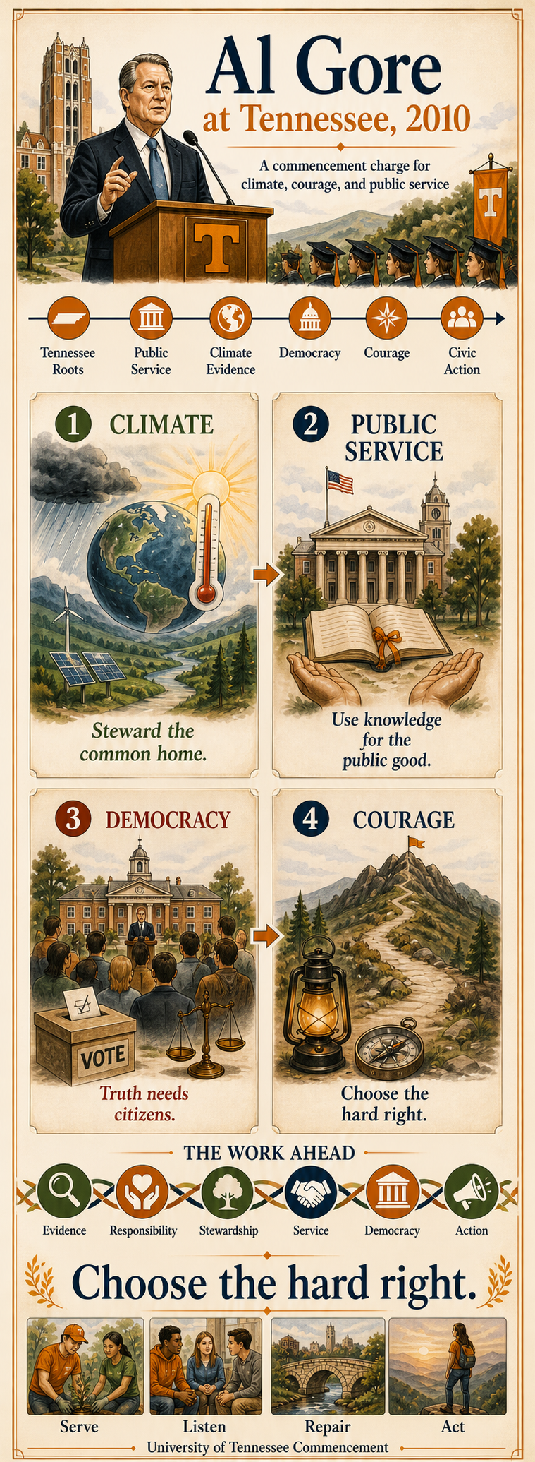 Al Gore at Tennessee, 2010. A commencement address about climate responsibility, public courage, Tennessee roots, democratic choice, and doing the hard right over the easy wrong.