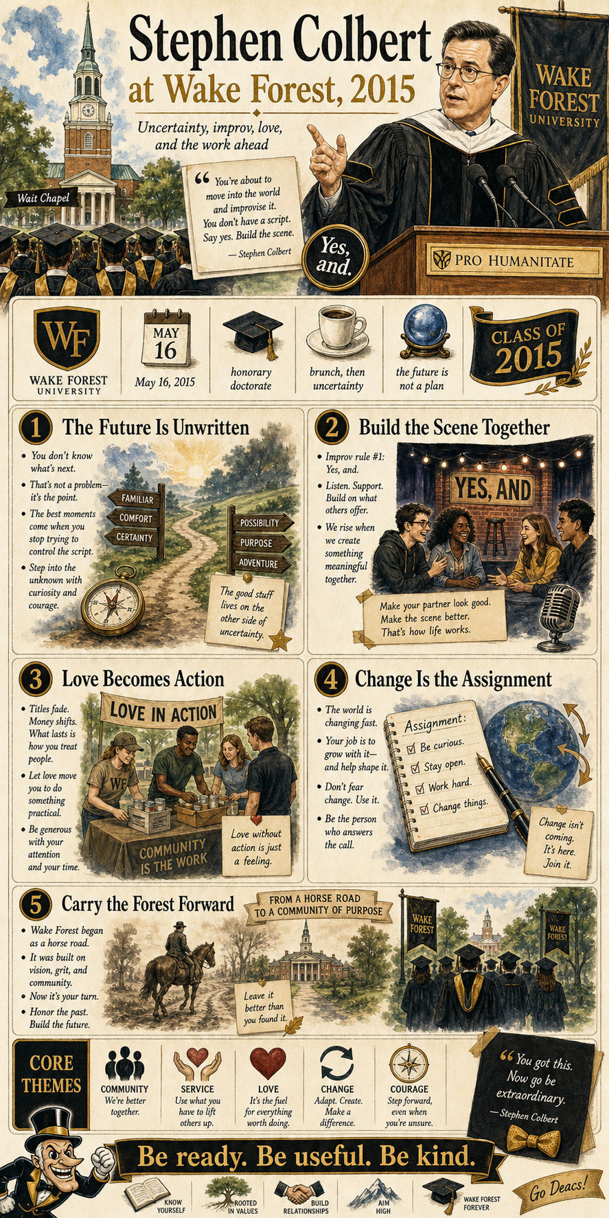 Stephen Colbert at Wake Forest, 2015. A commencement address about uncertainty, improvisation, love as action, change, and stepping into work that serves others.