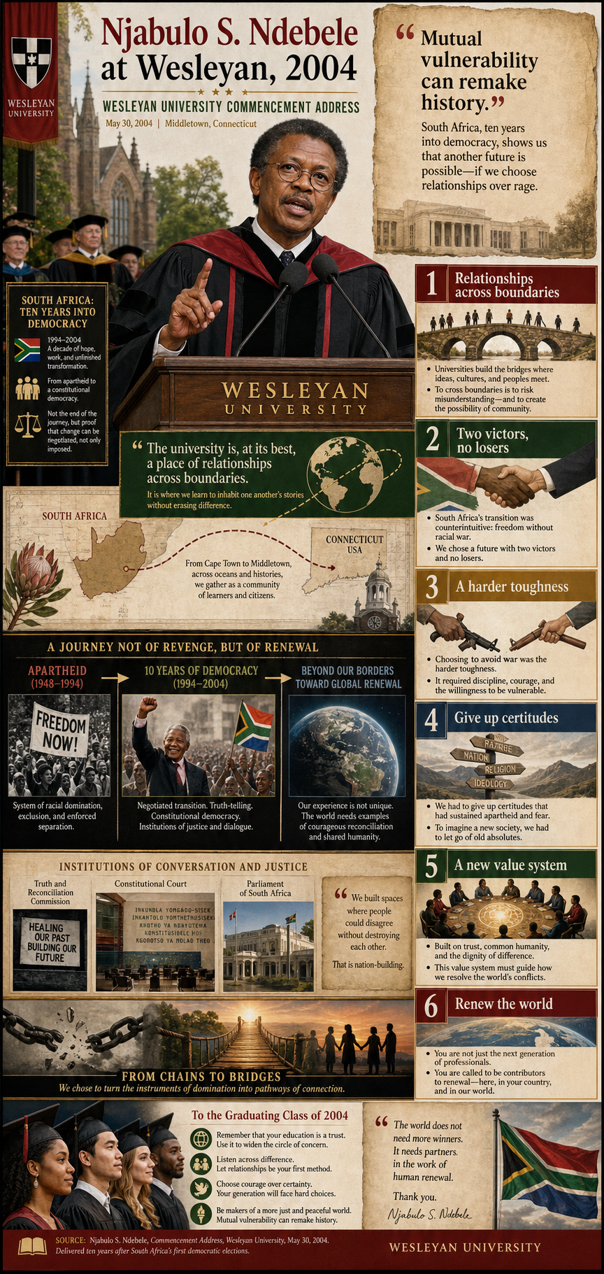 Njabulo S. Ndebele at Wesleyan, 2004. A Wesleyan address connecting South Africa’s first decade of democracy to mutual vulnerability, negotiated freedom, and a renewed global value system.