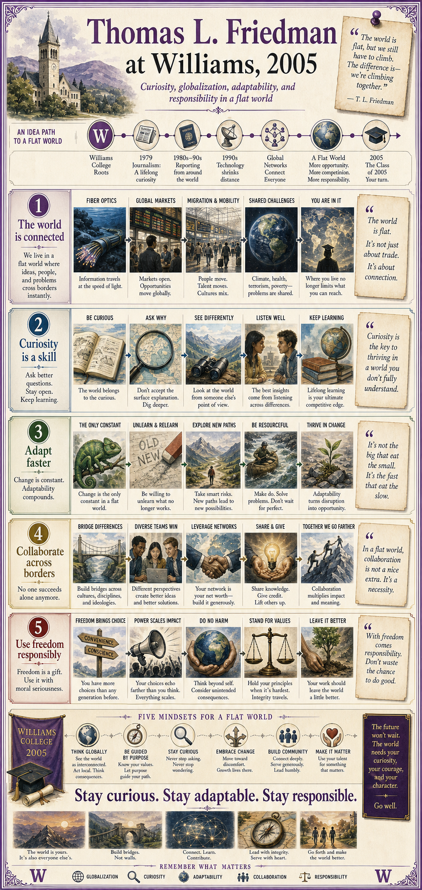 Thomas L. Friedman at Williams, 2005. A commencement address about a flat world, curiosity, globalization, family, joy in work, and making the journey matter.