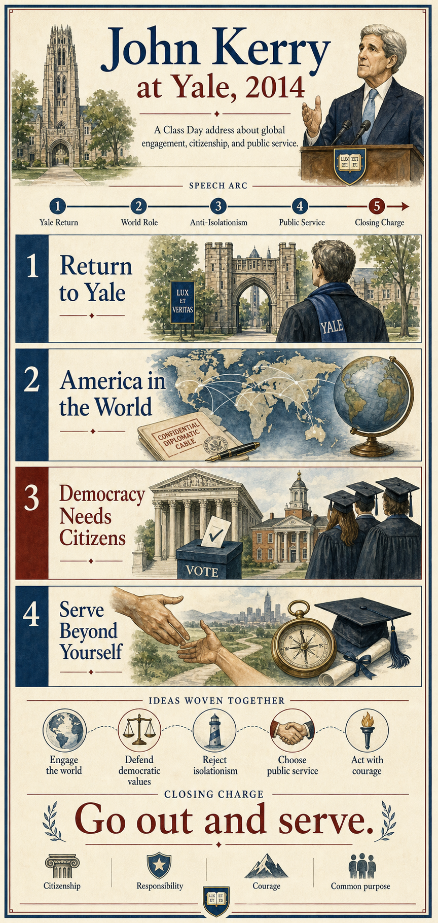 John Kerry at Yale, 2014. A Class Day address about returning to Yale, American responsibility, global engagement, public service, and rejecting isolationism.